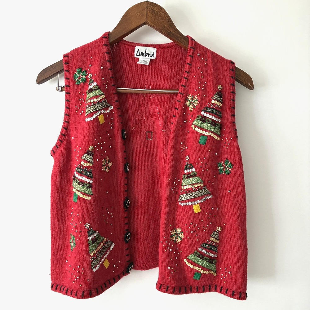 Vintage Ambra Ugly Christmas Sweater Vest Red Petite Large Sequined Ribbon Trees